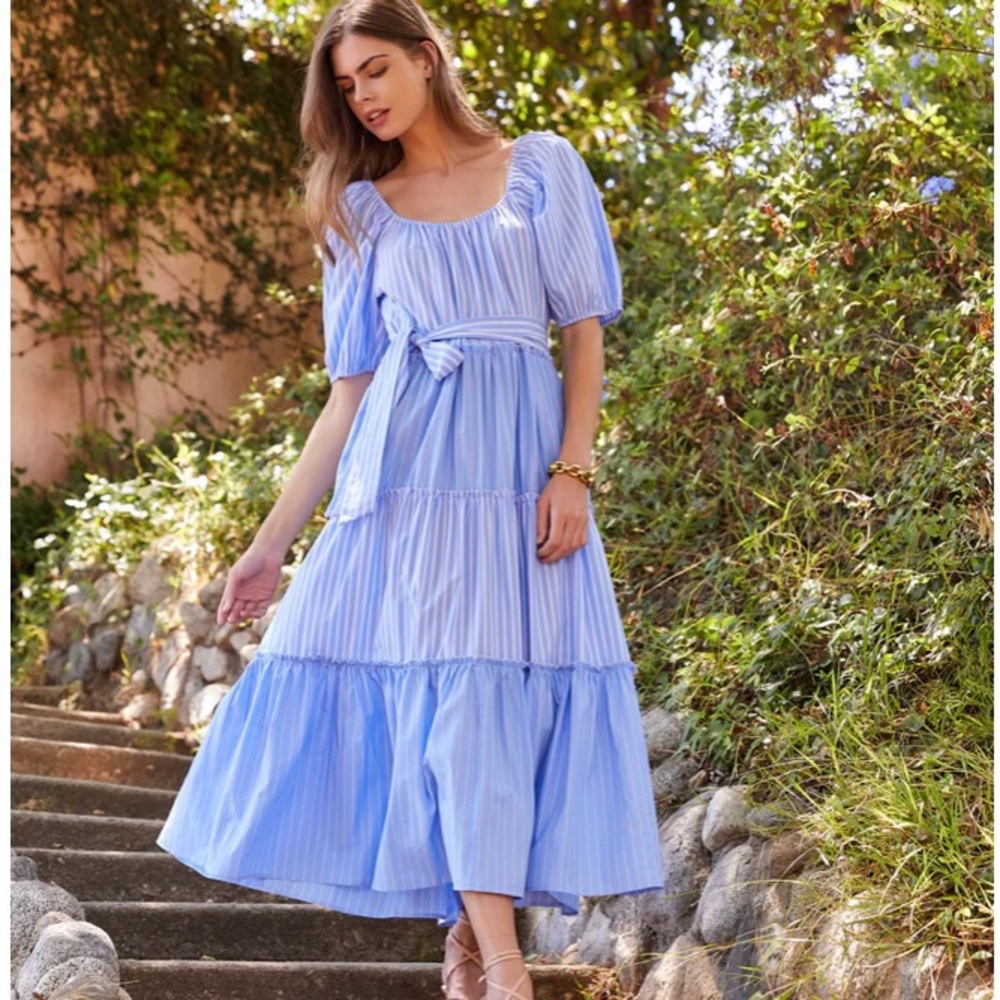 Fifteen Twenty XS Blue and White striped tiered midi  dress in 100% cotton NWOT
